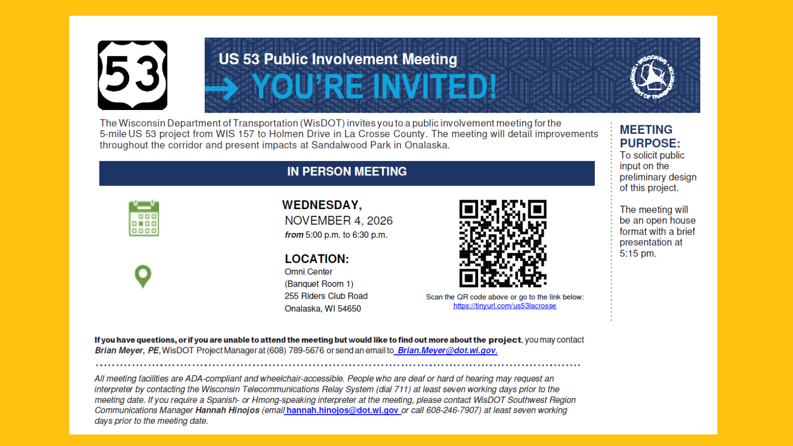 QR Code to link to information from Wis DOT on public Information Meeting for construction on Highway 53. Meeting is November 4th at the Omni Center