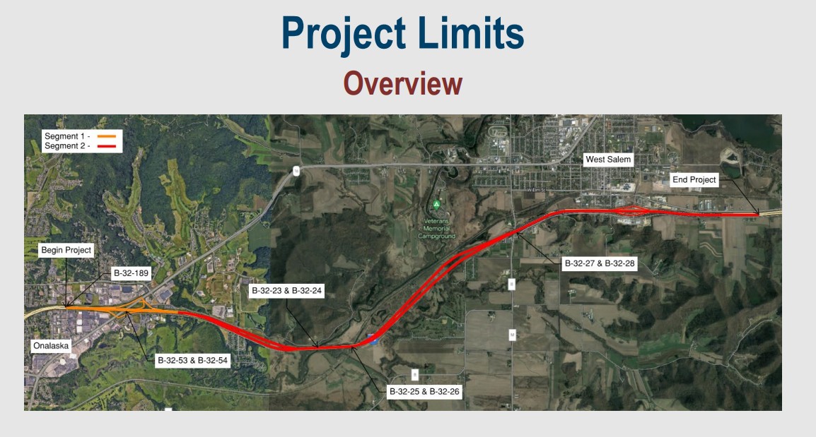 A map showing Interstate I-90 in La Crosse County with Segment 1 construction highlighted in orange and Segment 2 construction highlighted in red.