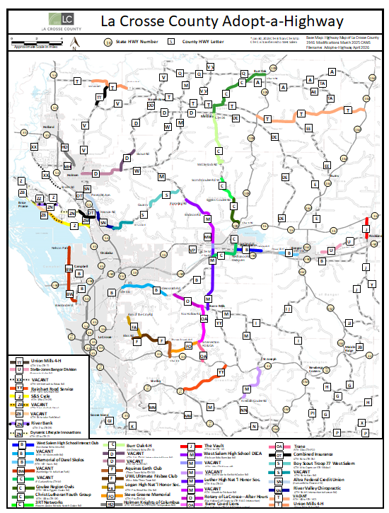 A map showing the County Road Adopt-a-Highway locations and organizations taking care of each section in La Crosse County