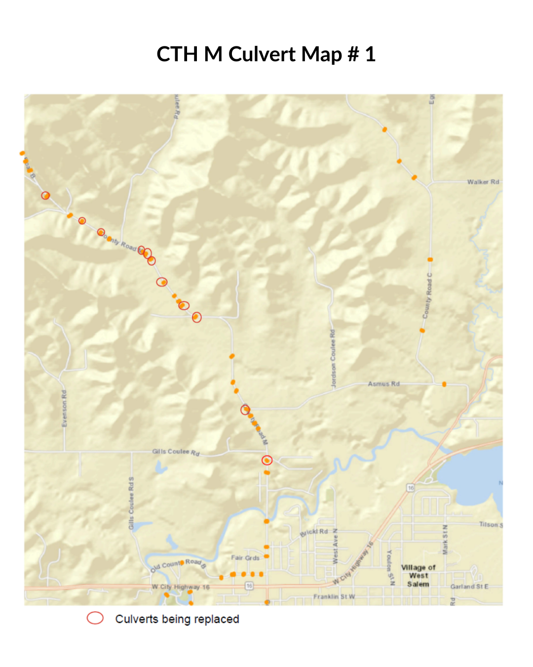 A map showing culverts along CTH M using an orange dot symbol for each culvert, located between the Village of West Salem and County Road S.  Culvert dots circled are ones that will be replaced.