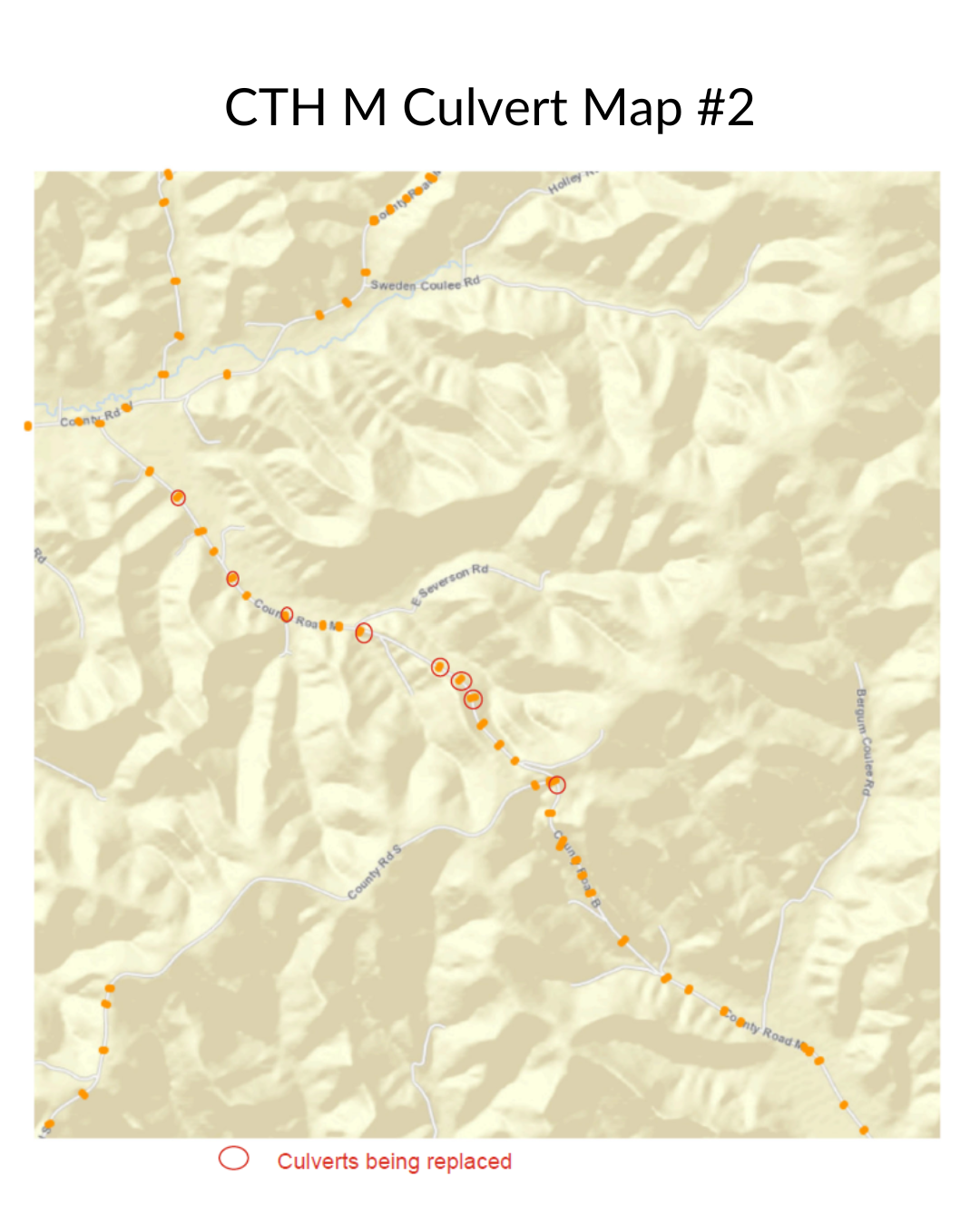 A map showing culverts along CTH M using an orange dot symbol for each culvert, located between County Road S and County Road W.  Culvert dots circled are ones that will be replaced.
