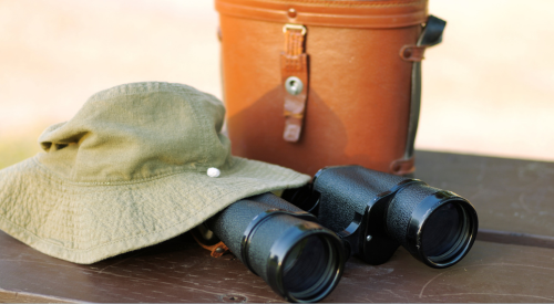 Image of hat, binoculars, and leather bag for birdwatching