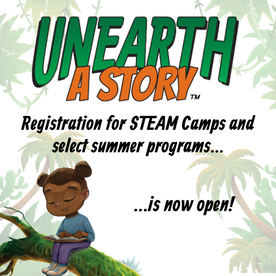 Illustration of Black girl reading a book sitting on a moss-covered branch. Words read