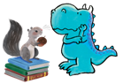 Dinosaur looking at squirrel with books
